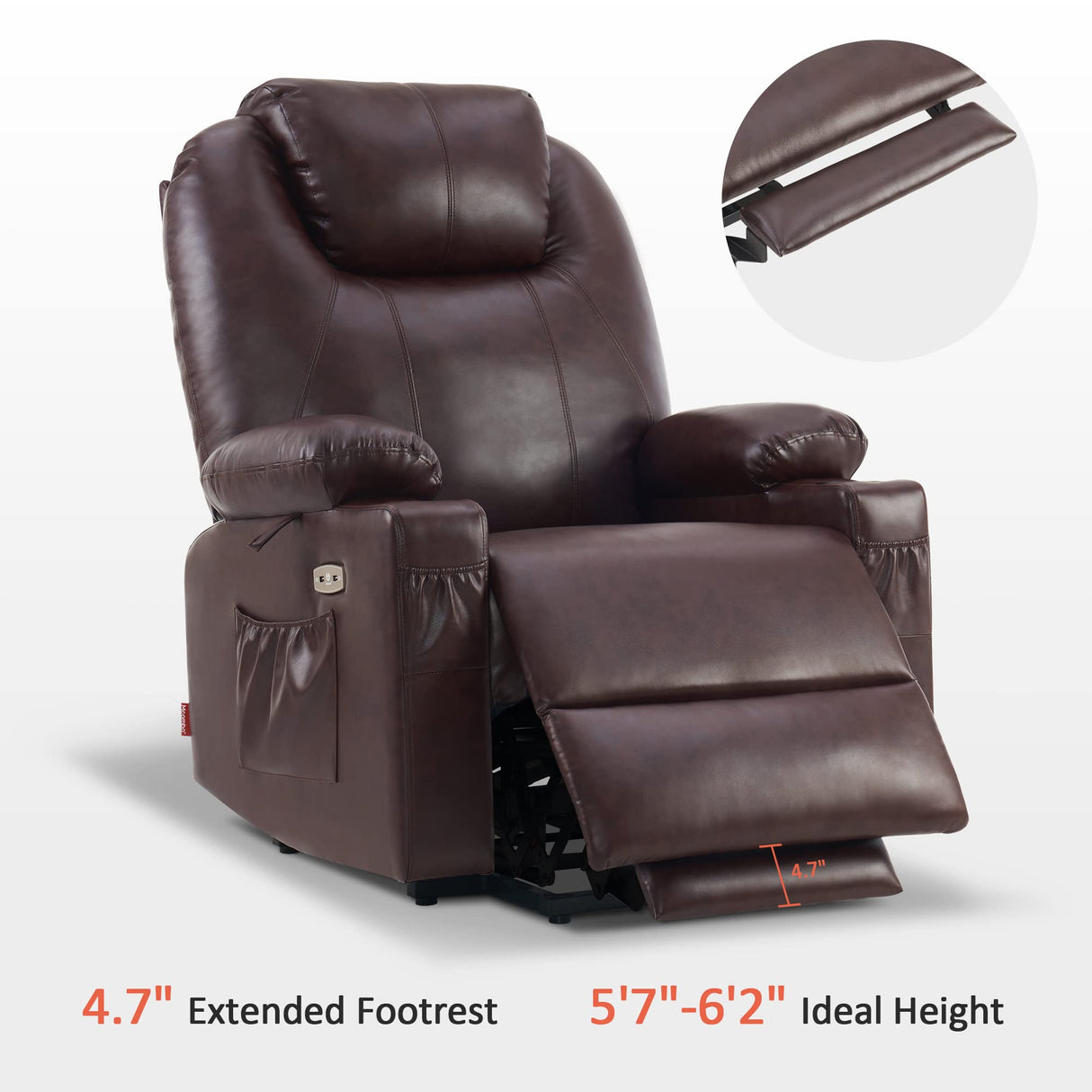 MCombo Large Lay Flat Dual Motor Power Lift Recliner Chair Sofa with Massage and Heat, USB Ports, Extended Footrest, for Elderly People, Infinite Position, Faux Leather 7815 (Dark Brown) MCombo
