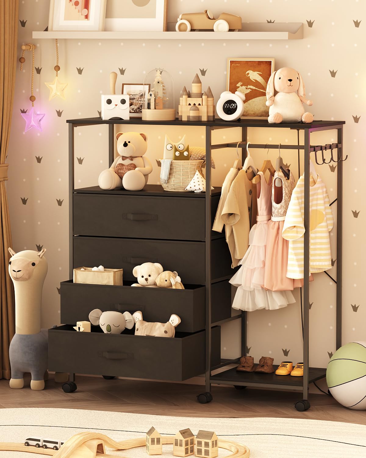 Seeday Dresser for Bedroom with Clothes Rack, 4 Drawers Dresser with Charging Station and LED Lights, Storage Chest of Drawers with Wheels, Wooden Top, for Closet, Living Room, Hallway, Black Seeday