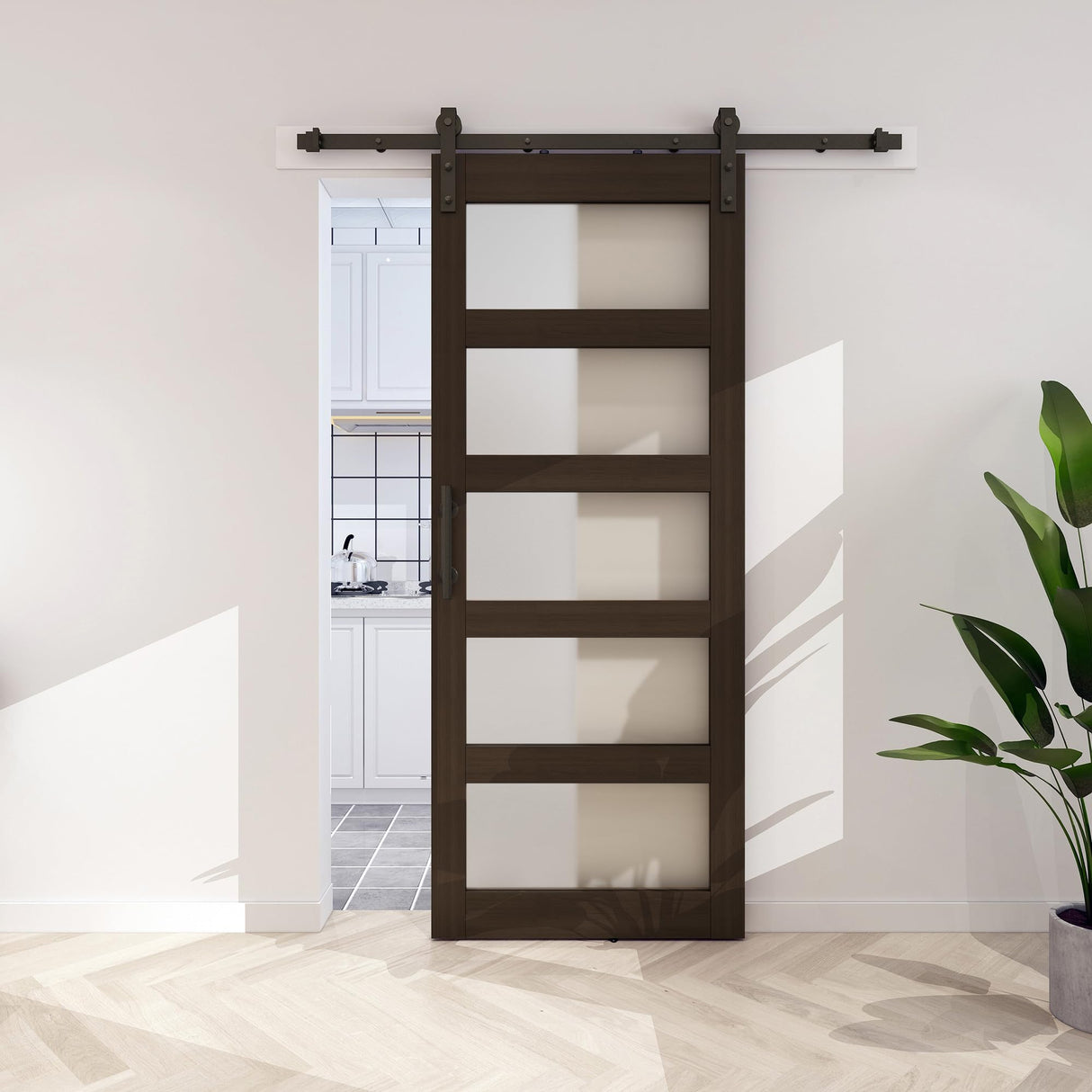 BARNSMITH 30in x 84in Glass Barn Door with 5FT Sliding Door Hardware Kit Included & Handle,5-Panel Frosted Glass Solid Wood Slab with Water-Proof PVC Surface,Pre-Drilled Easy Assembly,Brown BARNSMITH