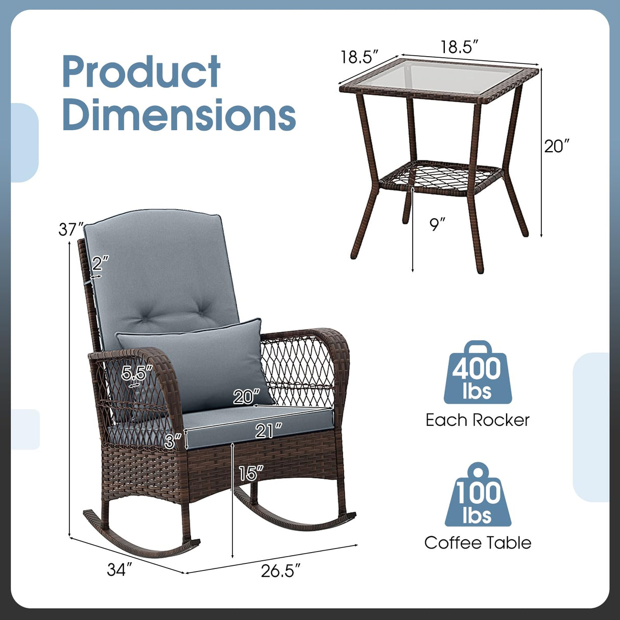 Tangkula 3 Piece Patio Rocker Set, Patiojoy Outdoor Wicker Rocking Chairs w/Double-Layer Coffee Table, Rattan Rocker Chair Set w/Seat Back Cushions & Pillows, for Porch, Backyard, Poolside (Grey) Tangkula