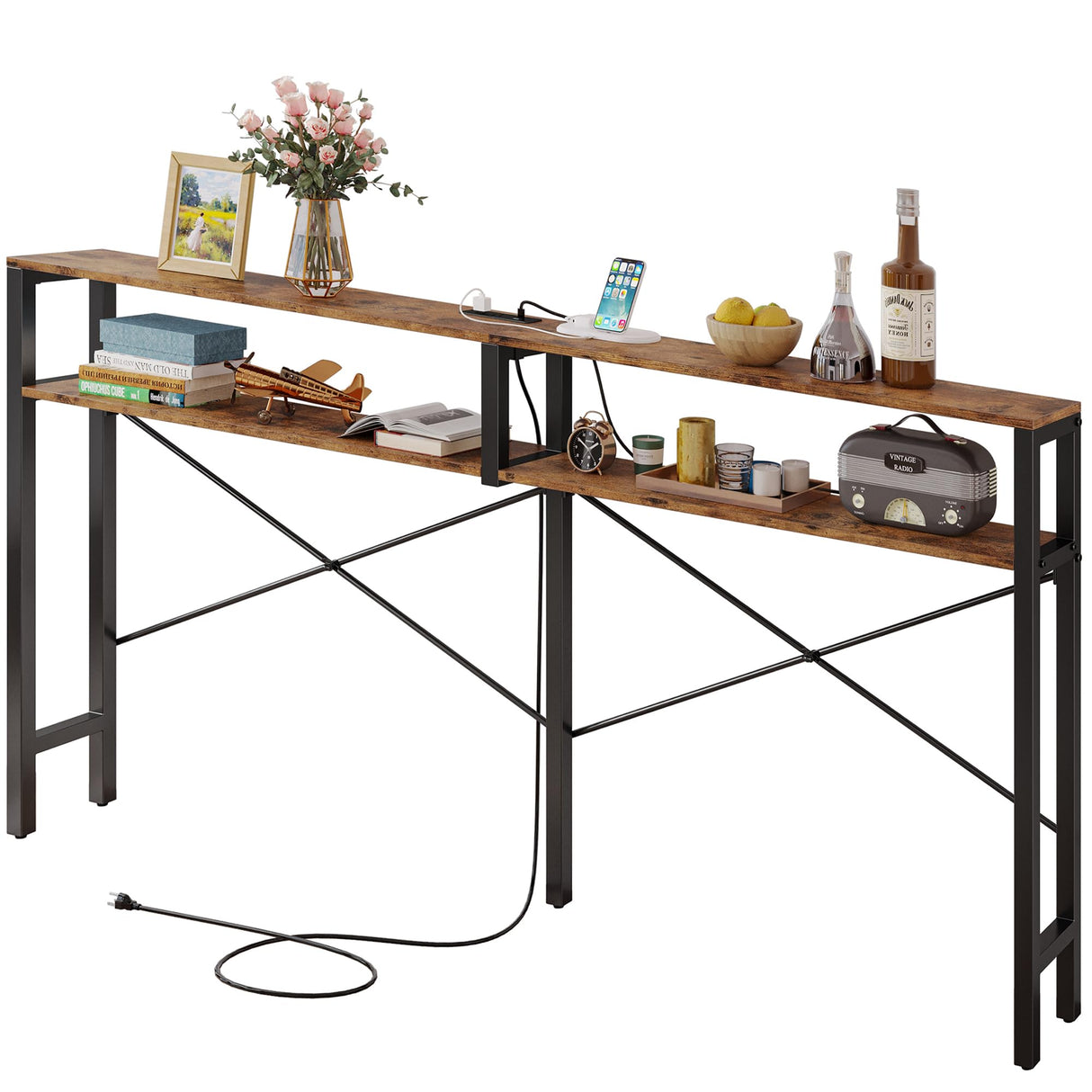 IRONCK Console Table with Power Outlet, Long Sofa Table with Shelves and X-Shaped Design, Narrow Sofa Entryway Behind Couch Table for Living Room and Hallway, Vintage Brown IRONCK