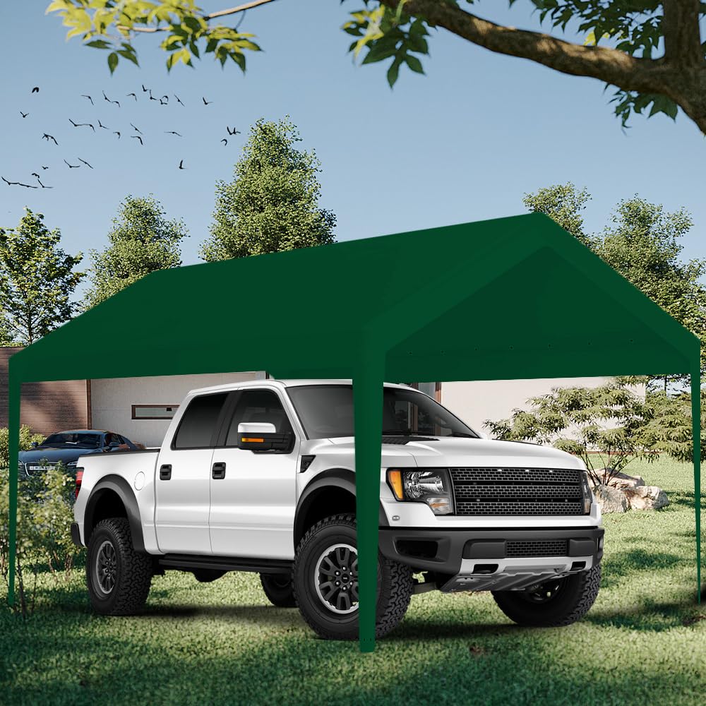 Carport Replacement Canopy, Replacement Top Cover for 10' x 20' Carport Frame, 180G PE Fabric Waterproof & UV Protected Tarp with Ball Bungees, Green (Only Top Cover, Frame is not Included) Vanteriam