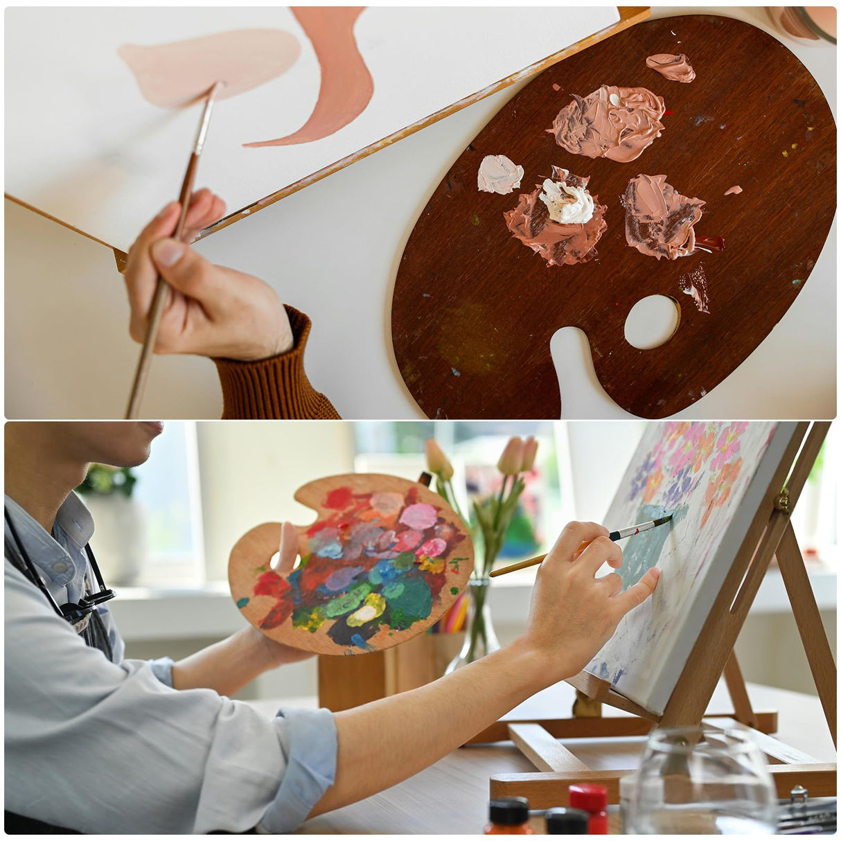 PATIKIL 12"x9" Wooden Paint Palette, Wood Painting Palette Color Mixing Round Paint Tray Palette with Thumb Hole for Oil Watercolor Artist, Dark Brown PATIKIL