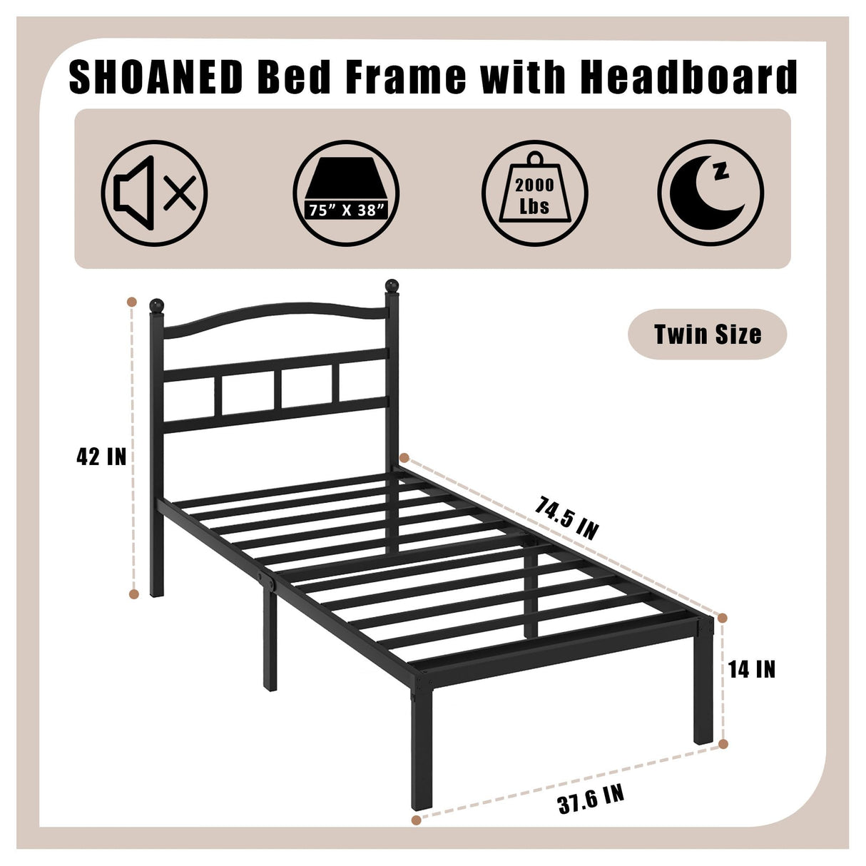 SHOANED 14 Inch Metal Bed Frame - Twin Size Heavy Duty Bedframe with Headboard Black Basic Steel Slats Platform No Box Spring Needed/Easy Assembly/Noise Free SHOANED