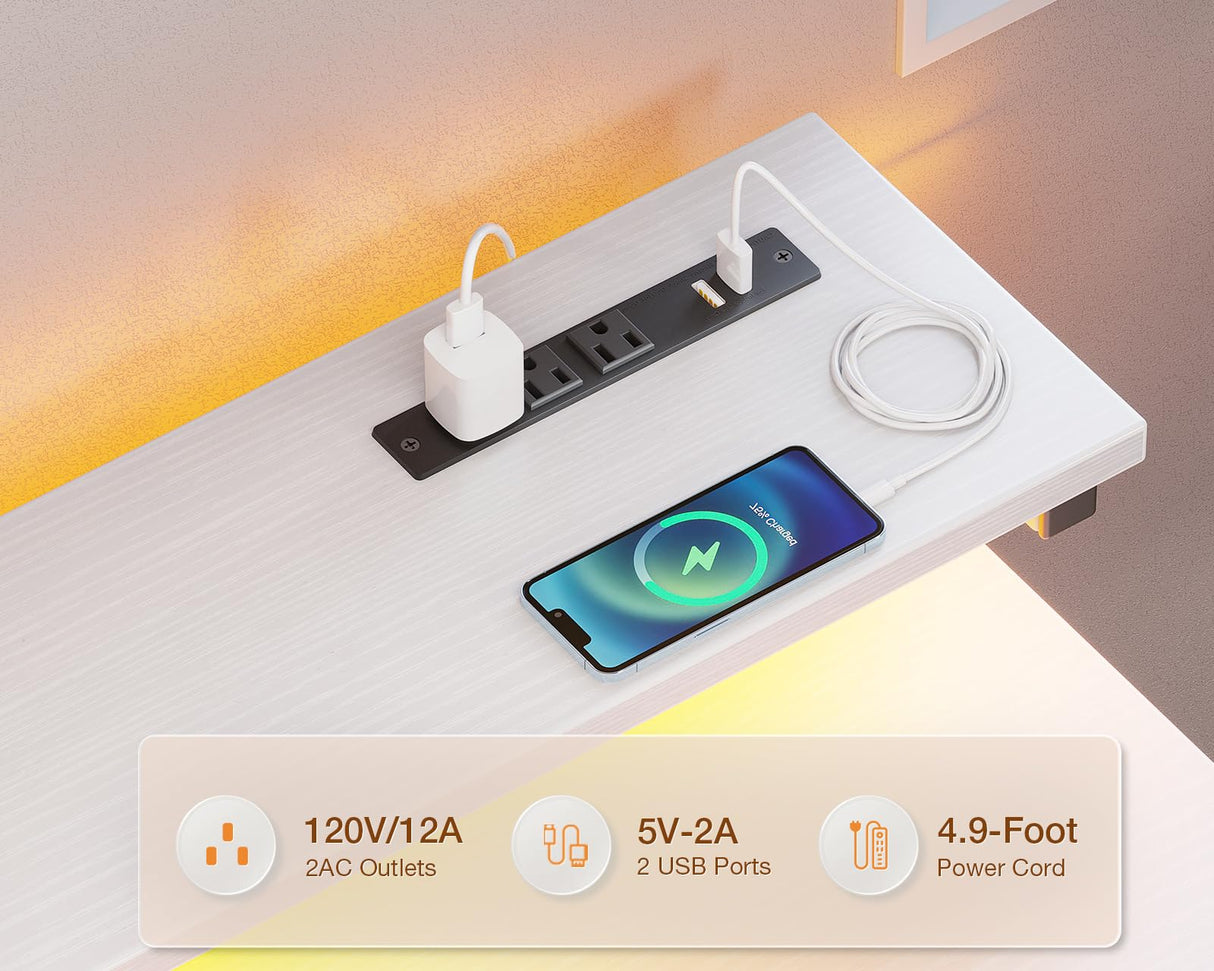 ODK 48 Inch Computer Desk with 3 Drawers and USB Power Outlets, Home Office Desks with LED Lights and Adjustable Monitor Stand, Work from Home, Modern Work/Writing/Study Table for Bedroom, White ODK