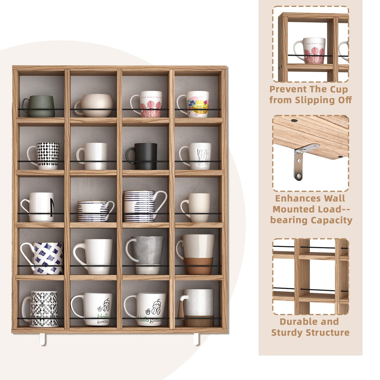 WYJREES Wooden Coffee Mug Display Rack, Wall Mounted Coffee Cup Display Shelf, Hold 24 Mugs, Rustic Shot Glass Display Case, Coffee Mug Holder Organizer for Kitchen, Coffee Station (23.6 * 29.5in) WYJREES