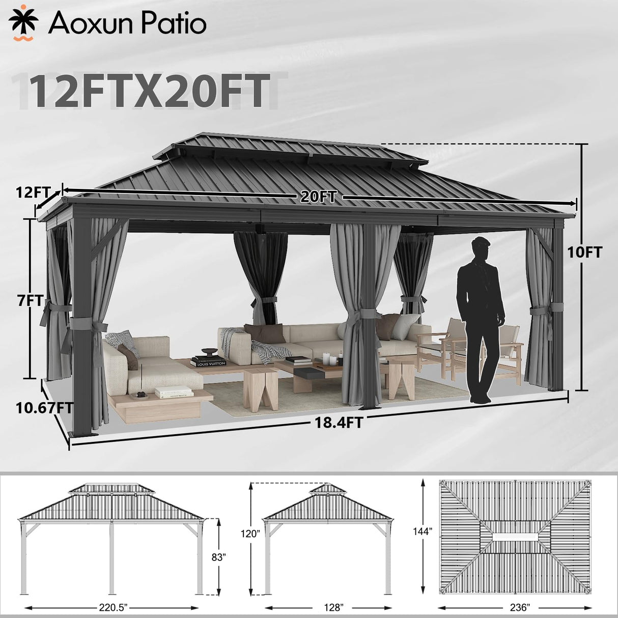 Aoxun Hardtop Gazebo 12FT X 20FT, Galvanized Steel Double Top, Aluminum Metal Gazebo with Netting and Curtains, Permanent Gazebo Pavilion for Outdoor Dining, Wedding, Party Aoxun