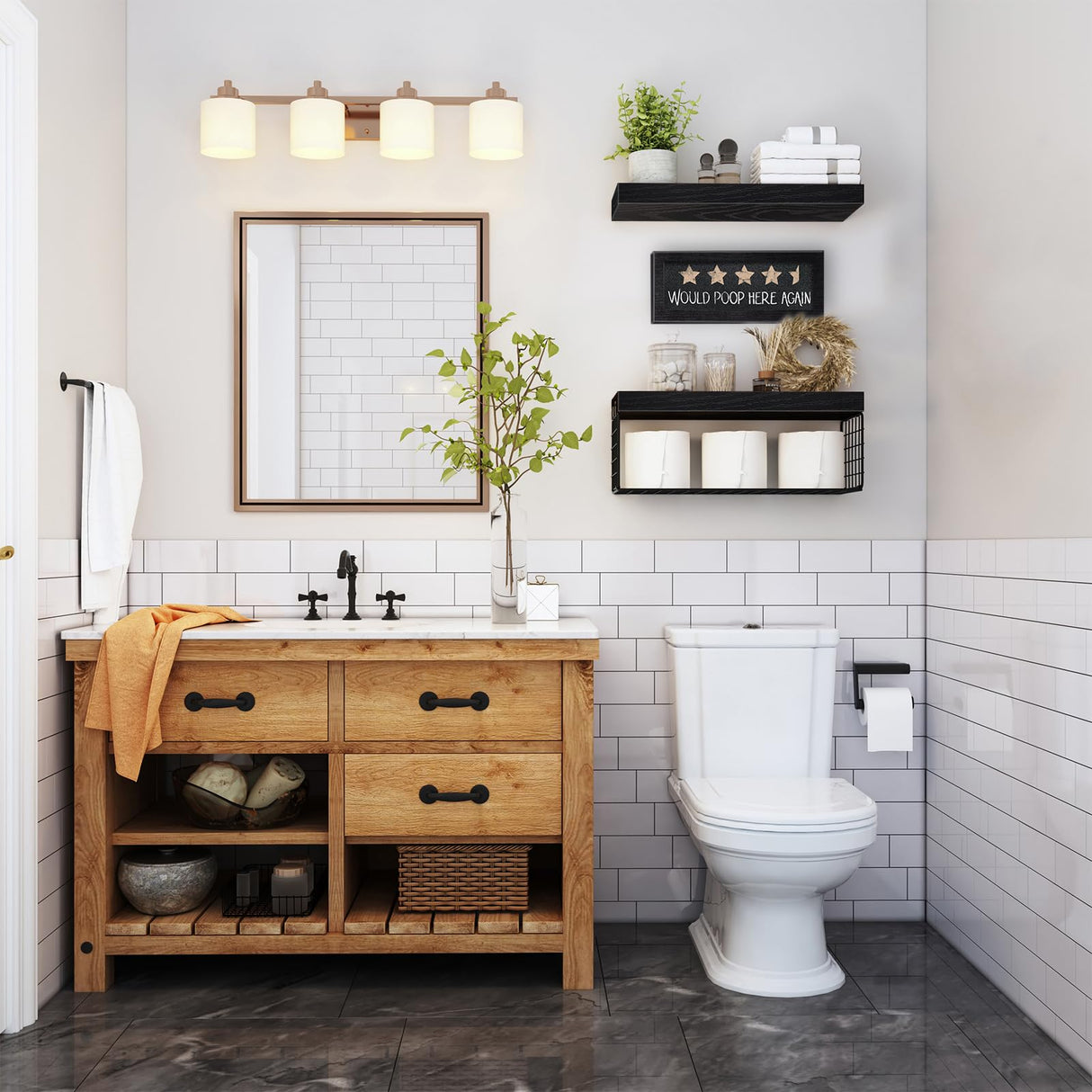 QEEIG Bathroom Shelves Over Toilet - Paper Storage Wall Mounted Farmhouse Decor Decorations Chalkboard Small Floating Shelf 2+1 Set 16 inch, Black (021B) QEEIG