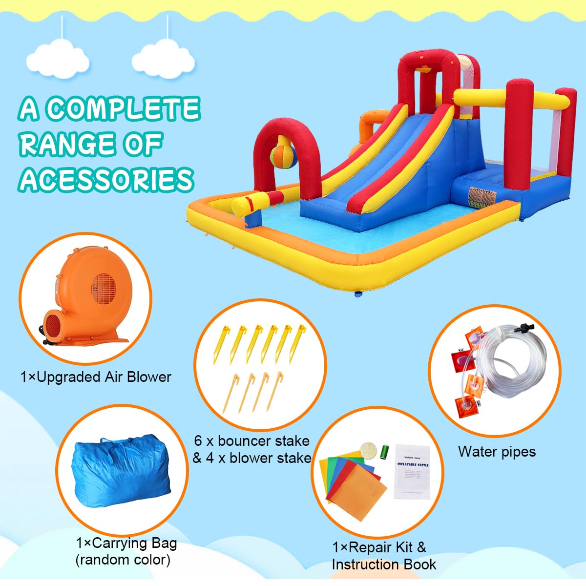 Hongcoral Inflatable Water Slide, 10 in 1 Water Park Bounce House with Blower, Splash Pool, 2 Slides, Water Cannon, Climbing Wall, Blow up Water Slides for Kids Outdoor Backyard Hongcoral