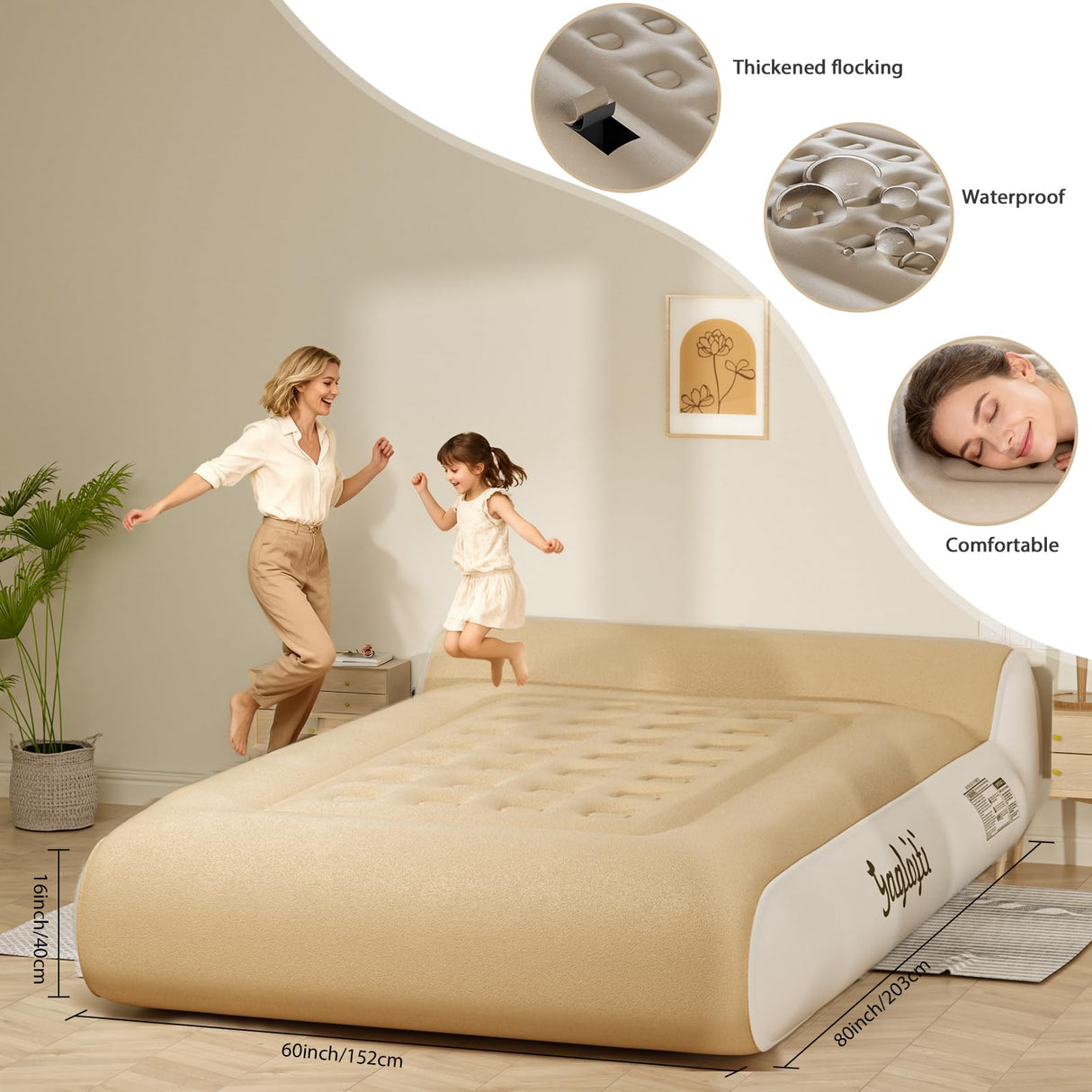 Gaglojti 16" Queen Air Mattress Full with Built in Pump for Camping,Portable Blow up Mattress with Carry Bag,High-Speed Pump,Luxury Inflatable Mattress Comfort Flocked Airbed for Guest,Home(Khaki) Gaglojti