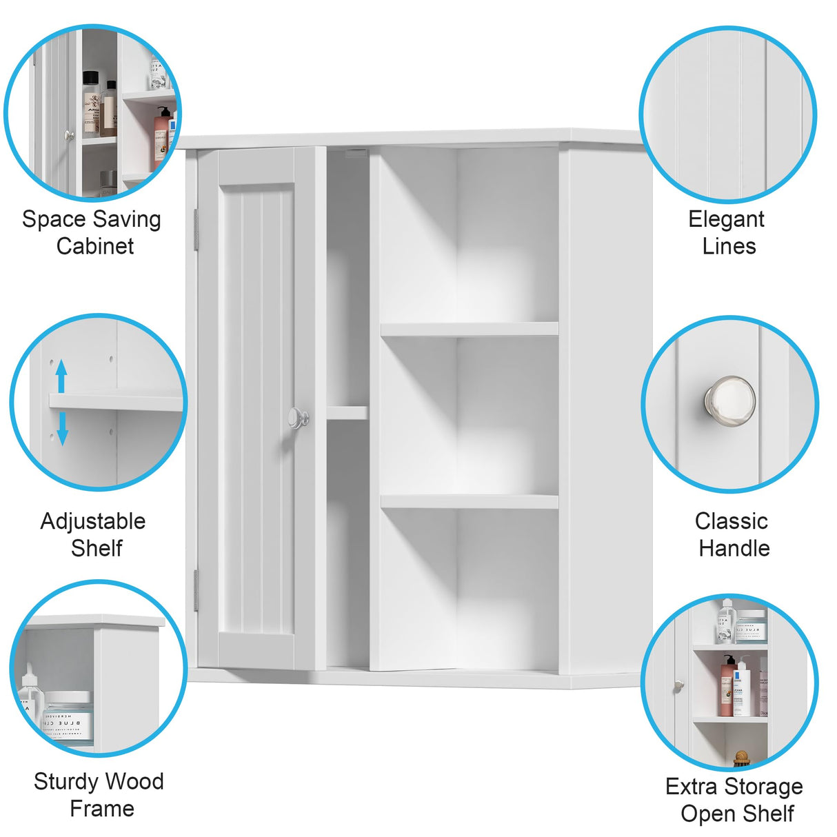 Treocho Bathroom Wall Cabinet, Medicine Cabinet with Door and 3 Open Shelves, Wall Mounted Storage Organizer for Bathroom, Kitchen, Living Room, White Treocho
