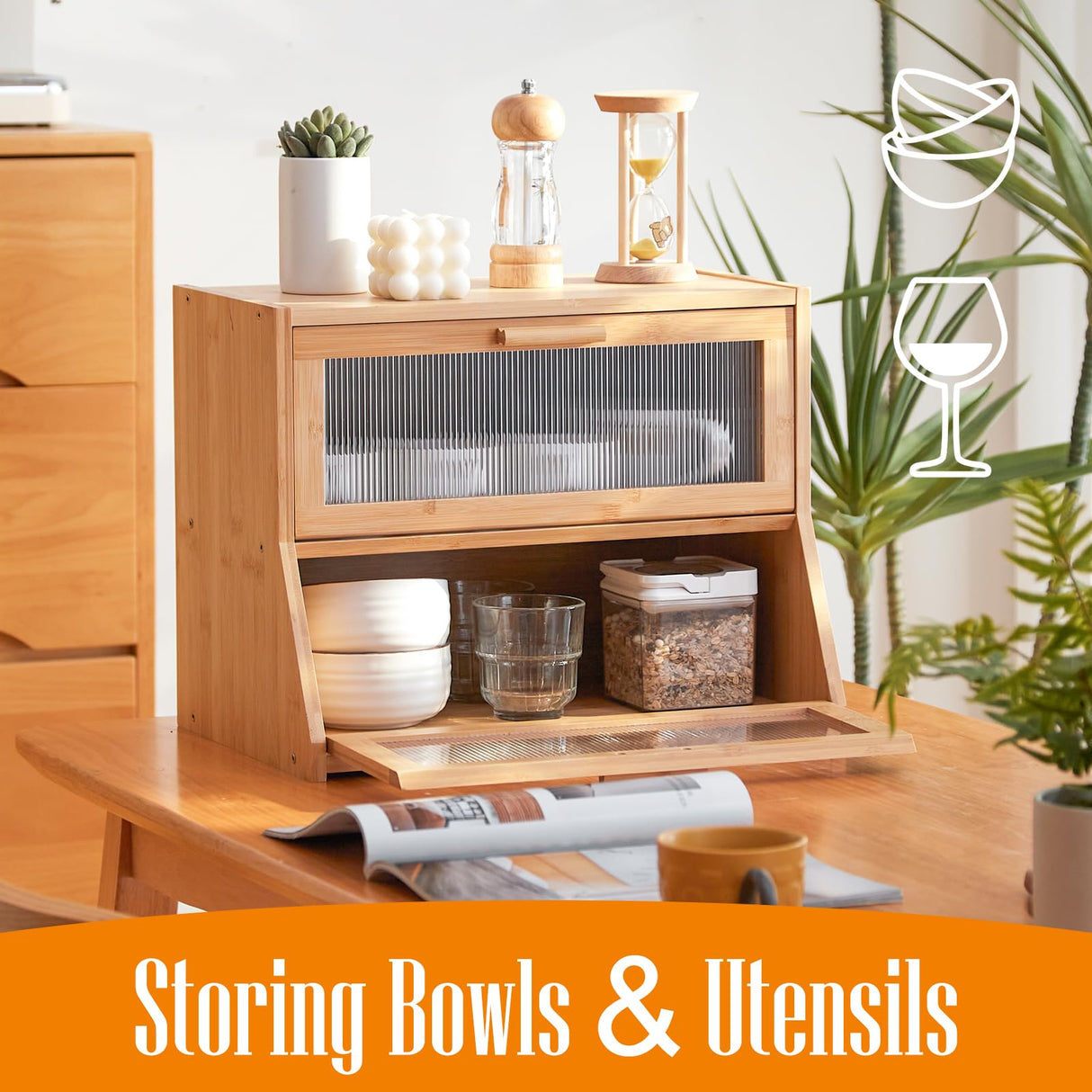 GHWIE Double Layer Bamboo Bread Box for Kitchen Counter,Large Capacity Bread Storage Bin,Bread Container with Acrylic Wavy Door Panel,Natural GHWIE