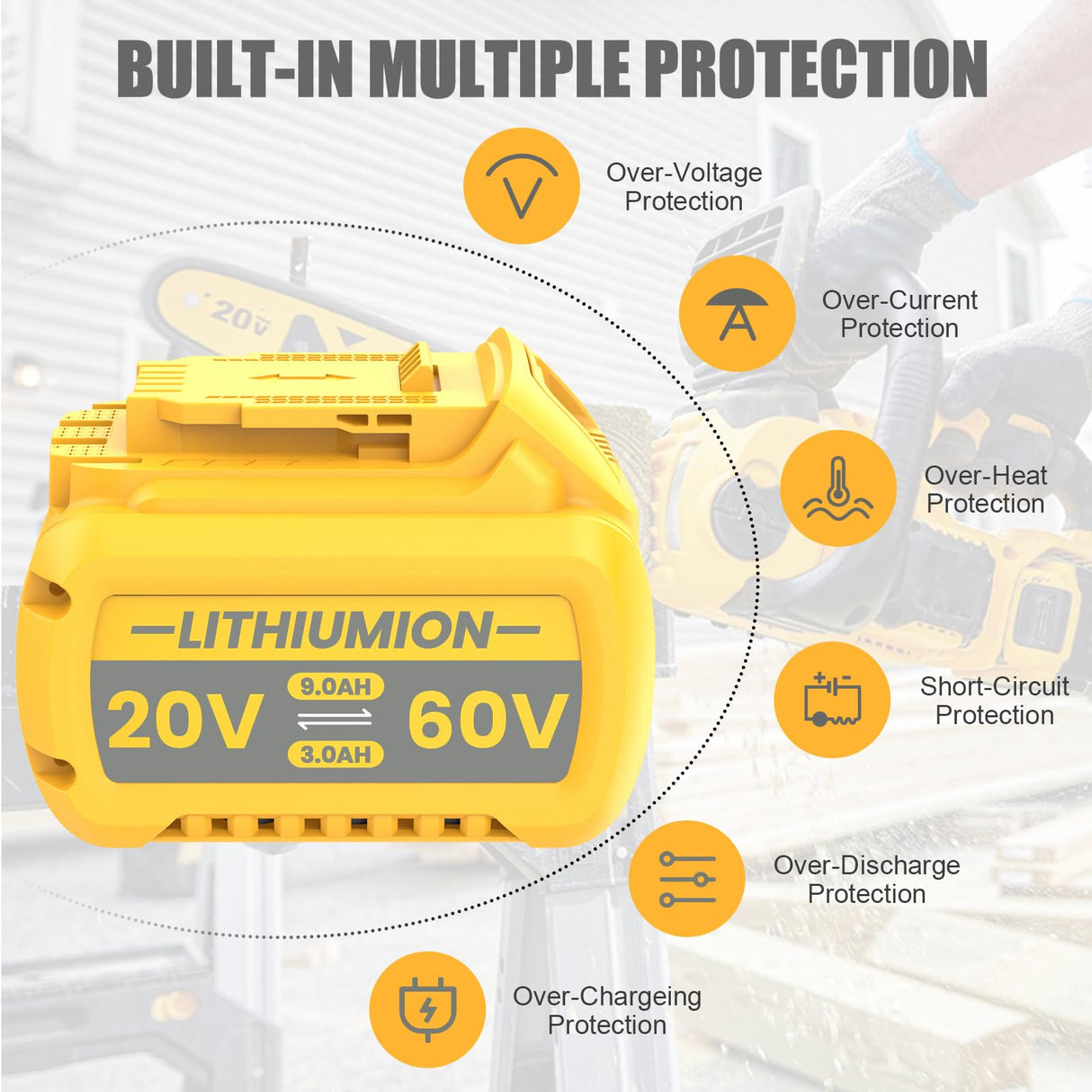 JUNWOOD 1Pack 9.0Ah Replacement for Dewalt 20V 60V Flexvolt Battery Lithium Compatible with DCB606 DCB609 DCB612 DDCB200 DCB201 DCB203 DCB204 DCB206 DCB207 DCB209 JUNWOOD