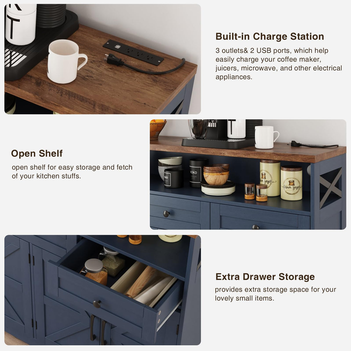 Befrases Farmhouse Buffet Cabinet with Drawers & Open Shelf, Sideboard with Storage, Kitchen Pantry Cabinet Hutch, Coffee Bar Station for Kitchen, Livingroom, 52" L Blue Befrases