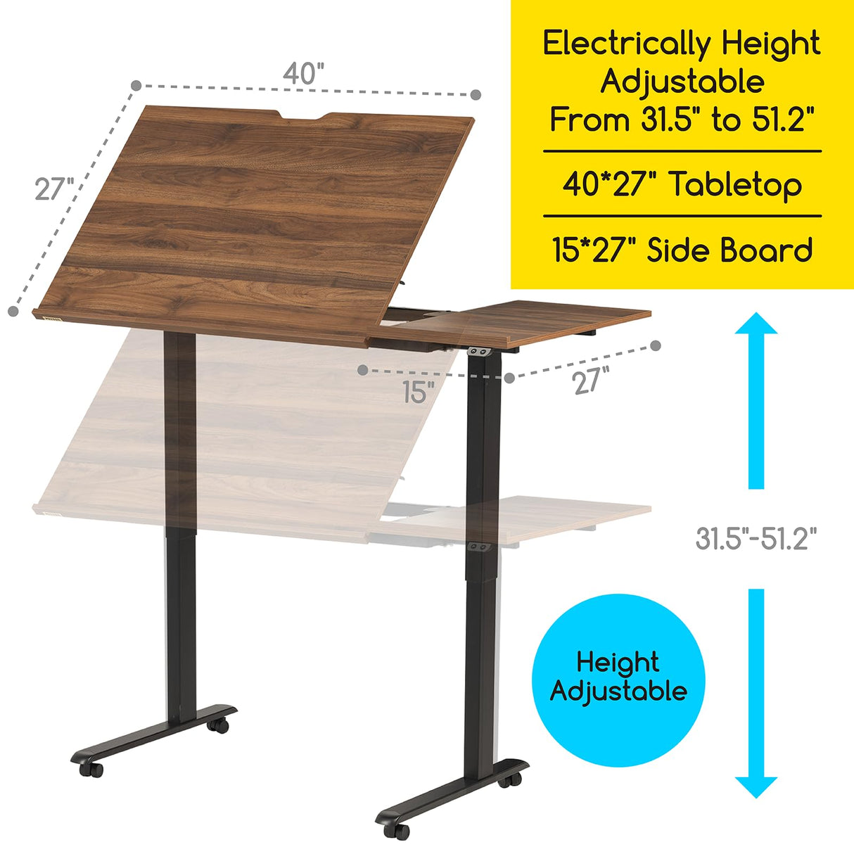 MEEDEN Electric Adjustable Drafting Table: 31"-52" Height Adjustable - Tiltable Tabletop Sit Standing Home Office Desk MEEDEN