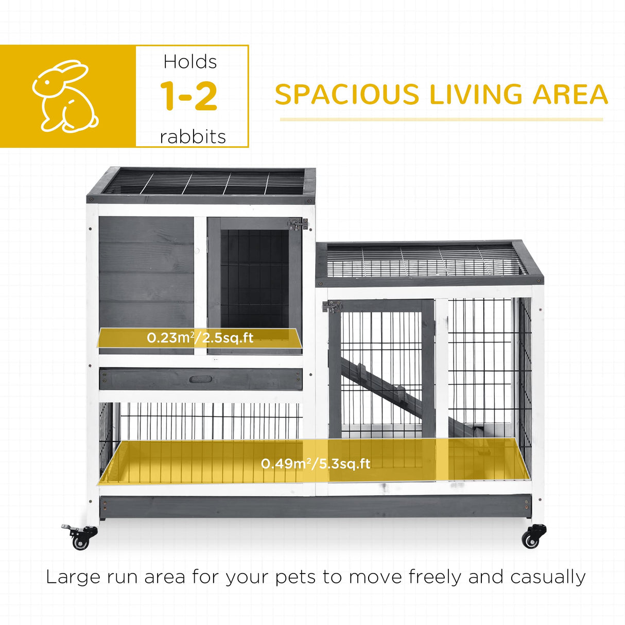 PawHut Wooden Rabbit Hutch Elevated Bunny Cage Indoor Small Animal Habitat with Enclosed Run with Wheels, Ramp, Removable Tray Ideal for Guinea Pigs, Grey PawHut