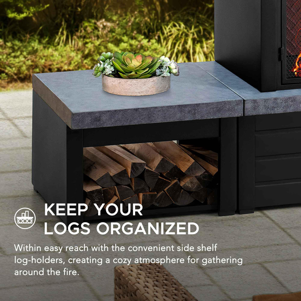 Sunjoy Wood Burning Fireplace, Outdoor Patio Steel Fireplace with Chimney, Log Holders, Fireplace Tool and PVC Cover, Black Sunjoy