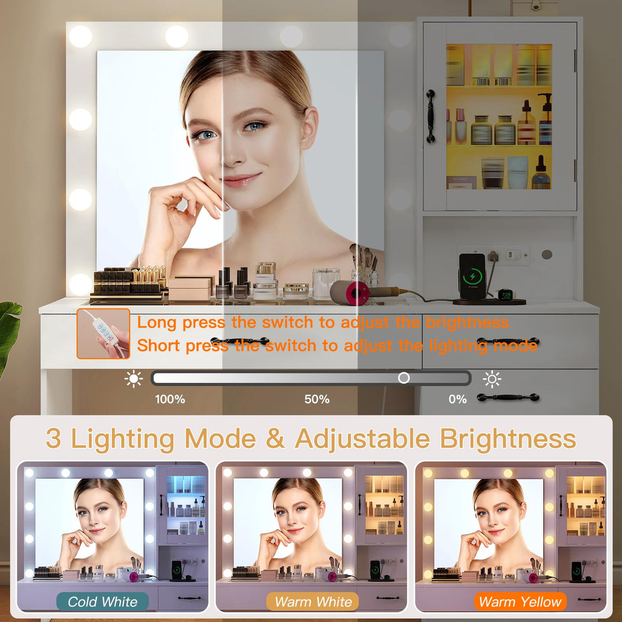 Quimoo Vanity Desk, Makeup Vanity with Lights, Large Mirror Vanity with 3 Drawers and 2 Cabinets, Vanity Table Set with Power Outlet and Glass Tabletop, for Bedroom (White) Quimoo