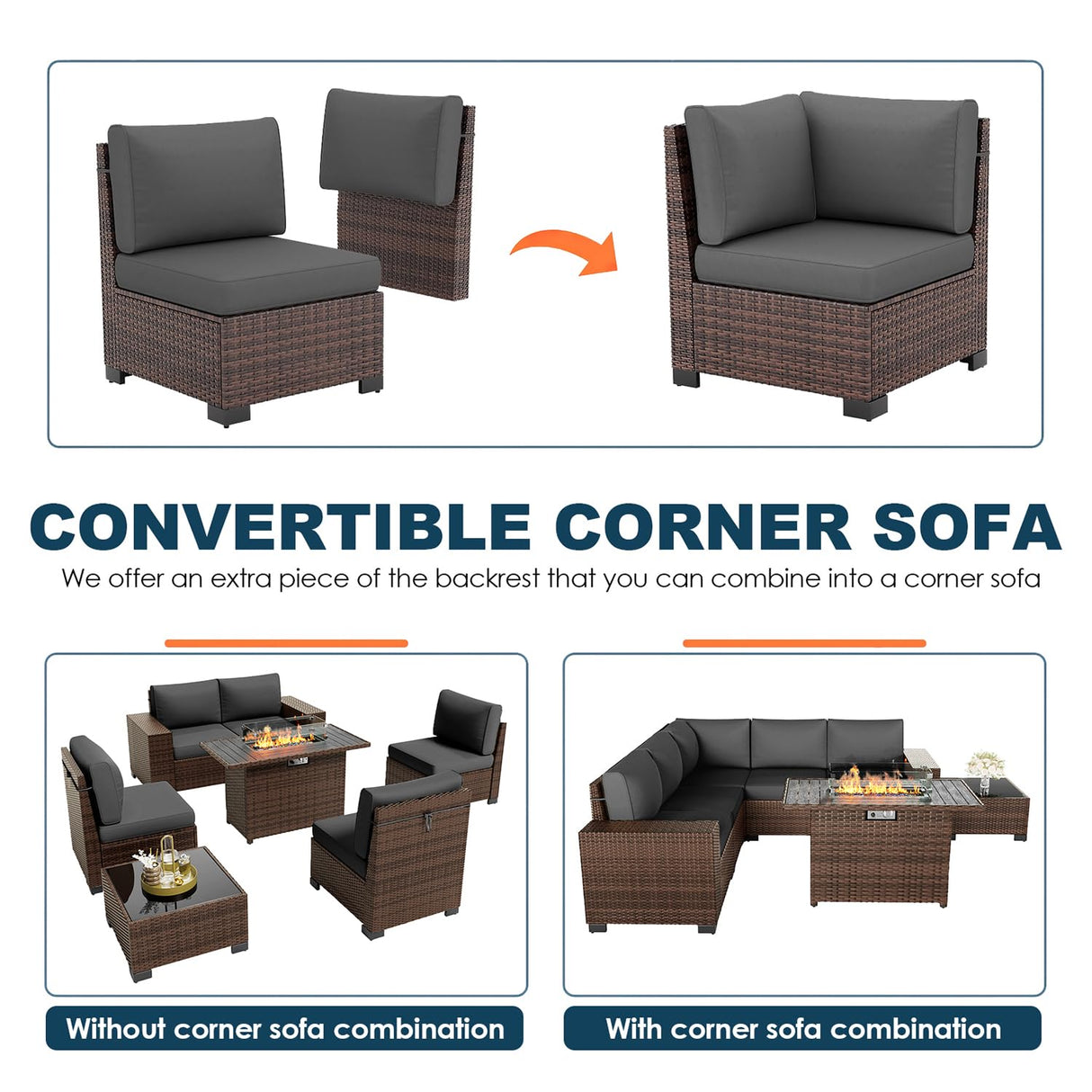 VONZOY Patio Furniture Set with Fire Pit Table, 7 Piece Outdoor Sectional Conversation Sets Wicker Rattan Sectional Sofa with Coffee Table for Patio Garden Backyard, 4'' Thickened Cushion Dark Grey VONZOY