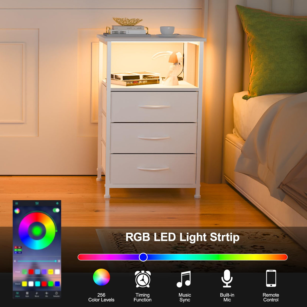 Dicasser Nightstand with Drawers,White NightStand with LED Light, Bedside Table with 3 Fabric Drawers for Bedroom, Modern Night Stand for Small Spaces,White Dicasser