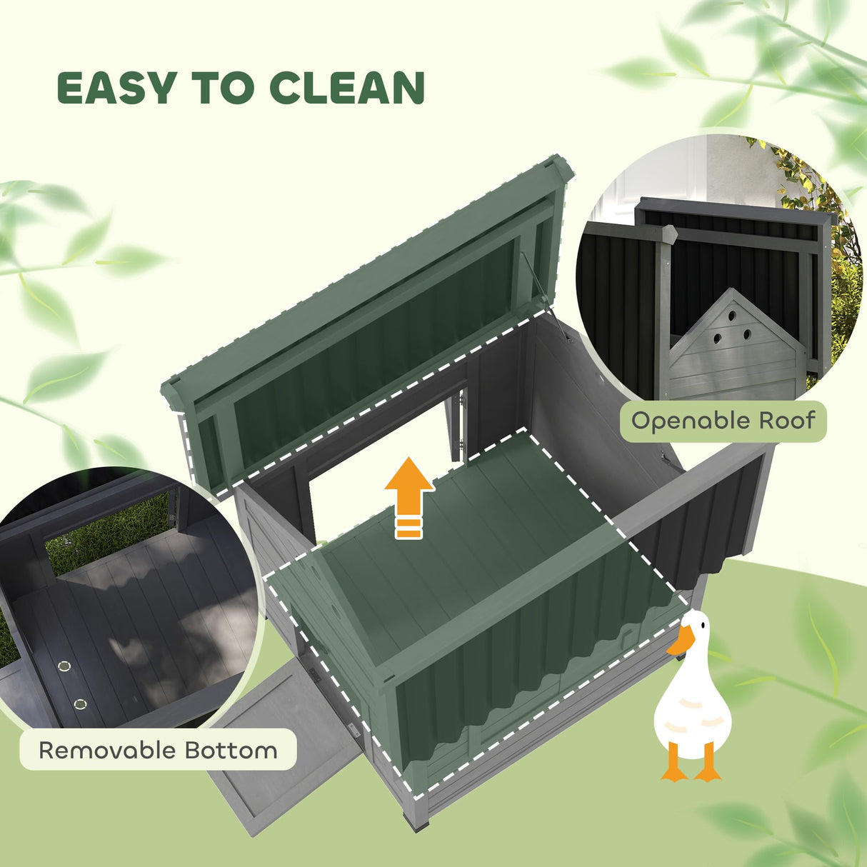 PawHut Duck Coop, Wooden Duck House, Outdoor Small Animal House with Openable Roof, Double Doors, Removable Base for 1-3 Ducks, Light Gray PawHut