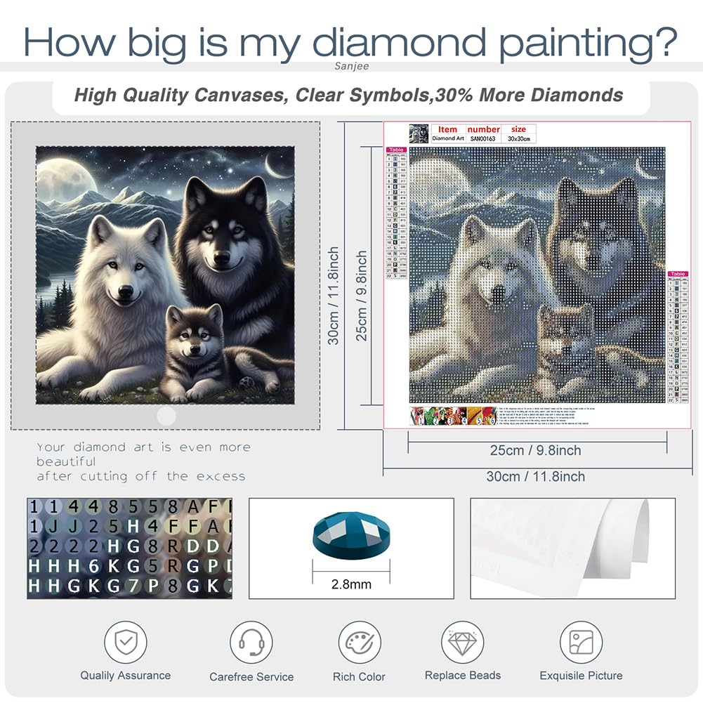 Sanjee Wolfs Diamond Art Painting Kits for Adults, Diamond Art Kits for Beginner, 5D DIY Round Full Drill Gem Art Crafts for Home Wall Decor Gift, 12x12inch Sanjee