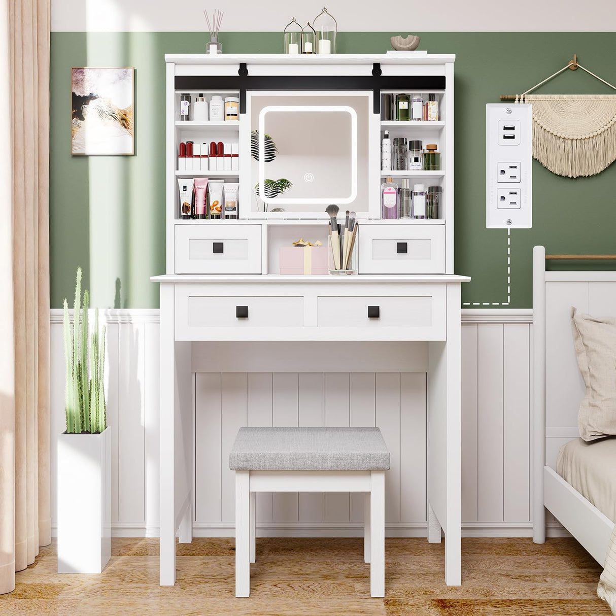 MECHYIN Farmhouse Makeup Vanity Desk with Sliding Mirror, Vanity Set with Stool & Charging Station & 3 Brightness Lights, Ample Storage, Dressing Table for Women Girls Bedroom, White MECHYIN