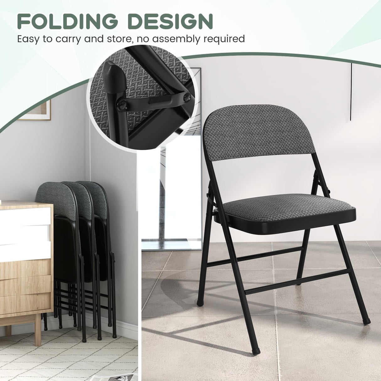 HAPPYGRILL 4 Pack Folding Chairs, Fabric Commercial Chairs w/Padded Seat & Back, Metal Frame, Portable & Foldable Dining Chairs for Office Party Guest Room Conference Room Event HAPPYGRILL