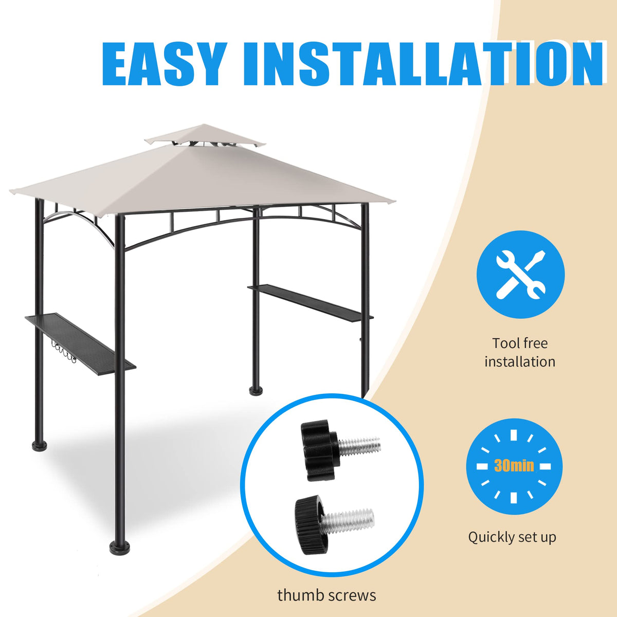 FAB BASED 5x8 Grill Gazebo Canopy for Patio, Outdoor BBQ Gazebo with Shelves & Extra 2 LED Light(Grey) FAB BASED
