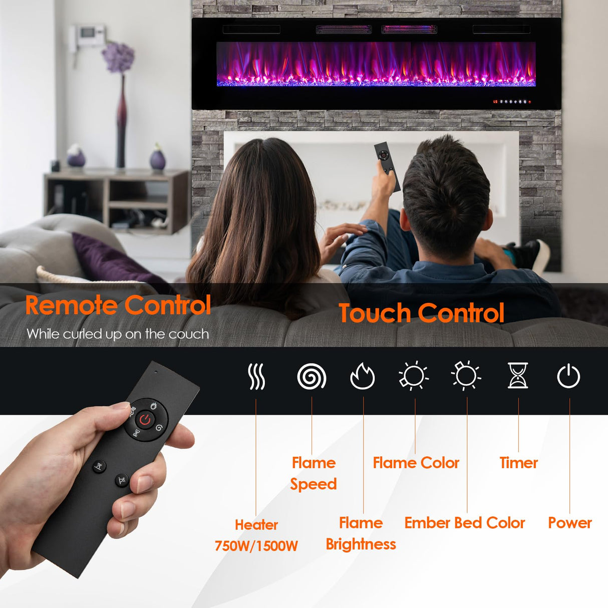 ORALNER 72” Smart WiFi Electric Fireplace, Ultra Thin Linear Recessed & Wall Mounted App Controlled Fireplace Heater with Adjustable Flame Color & Speed, Remote, 12 H Timer (72 INCHES) ORALNER