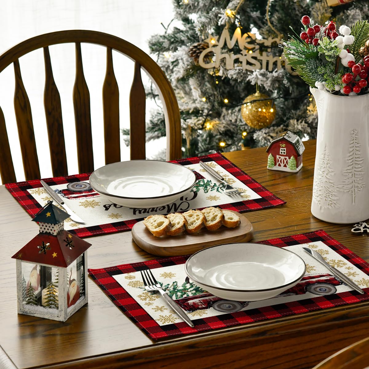 Artoid Mode Red and Black Buffalo Plaid Truck Merry Christmas Placemats Set of 4, 12x18 Inch Seasonal Winter Xmas Holiday Table Mats for Party Kitchen Dining Decoration Artoid Mode