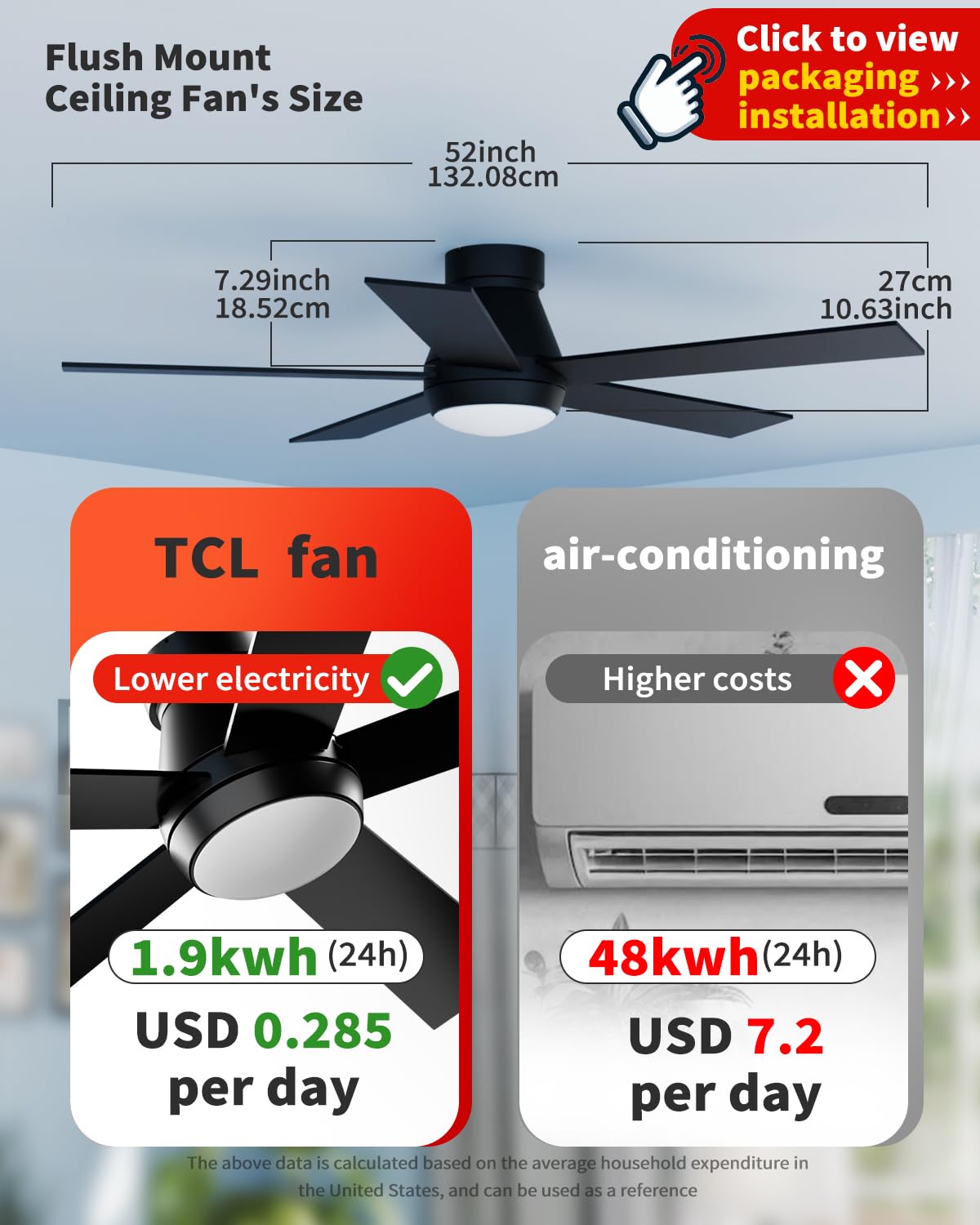 TCL 52" Black Ceiling Fan with Light and Remote, Modern LED 3-Color, Quiet Motor for Bedroom, Living Room, Dining Room, Ceiling Fans with Lights (Black) TCL