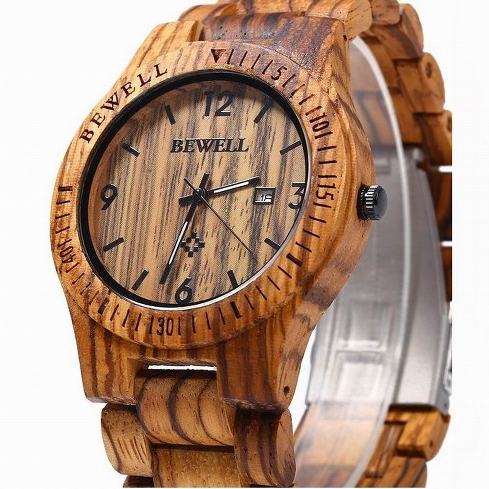 BEWELL Wooden Watch Fashion Handmade Sports Mens Wooden Watch Analog Quartz Lightweight Handmade Wood Wrist Watch BEWELL