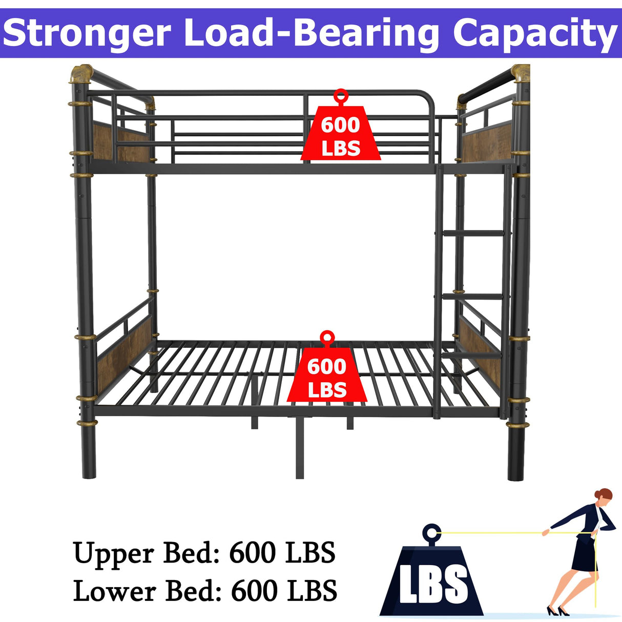 FUSVZ Heavy Duty Metal Queen Over Queen Bunk Beds for Adults Kids Teens, Convertible Industrial Bunk Bed with Guard Rails & Soft-Pack Vertical Ladder, Weight Capacity 600LBS (Black) FUSVZ
