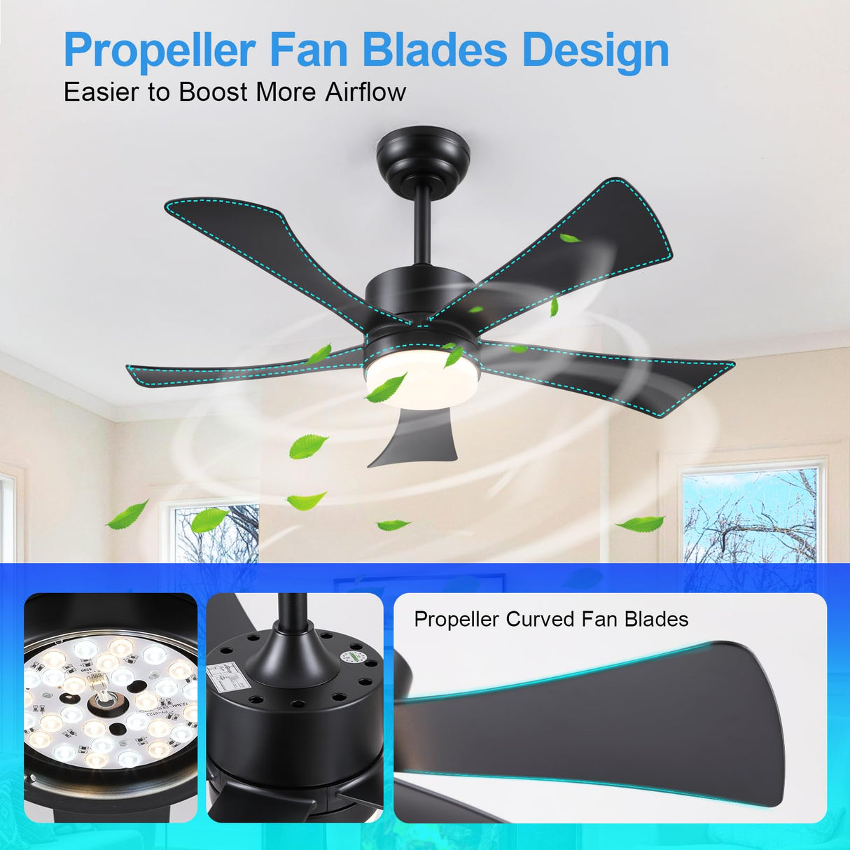 42 inch Ceiling Fans with Lights, Modern Black Ceiling Fan with Remote Control App, DC Motor Quiet, 3CCT Dimmable Memory, Led Sloped Flat Ceiling Fan with Light for Bedroom Indoor&Outdoor Patio BayDay