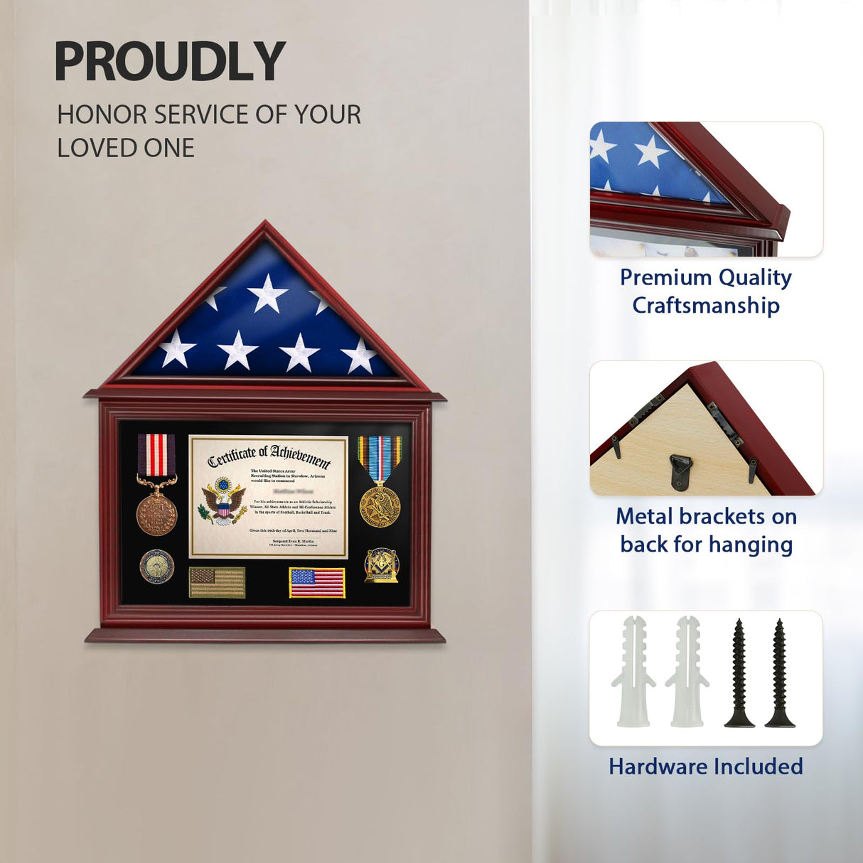 ASmileIndeep Flag Display Case Box for Folded 3'x5' American Veteran Flag Solid Wood Military Flag Certificate Shadow Box with Wall Mount Display ASmileIndeep