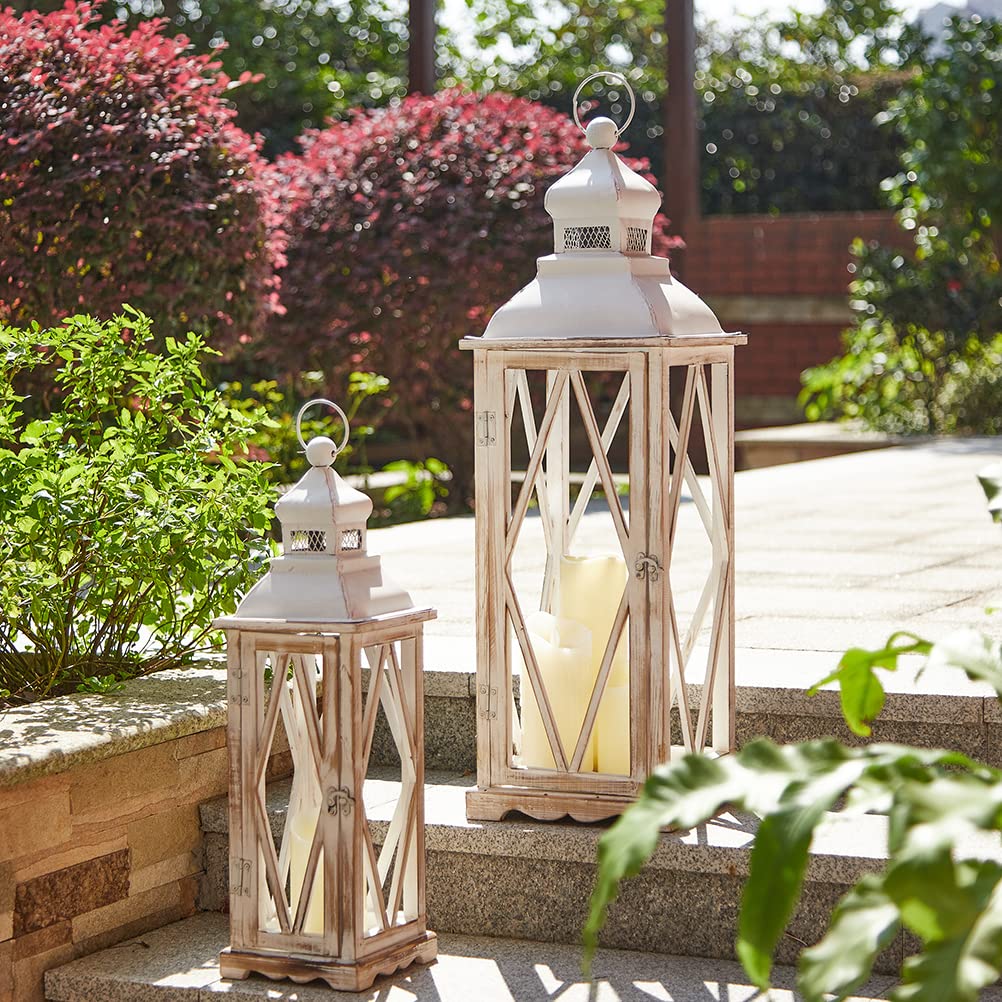 Glitzhome Large Farmhouse Wooden Metal Lantern Set of 2, 28.74" H/20.47" H Rustic Decorative Floor Candle Lanterns, Distressed Hanging Lanterns for Home Décor White (No Glass) Glitzhome