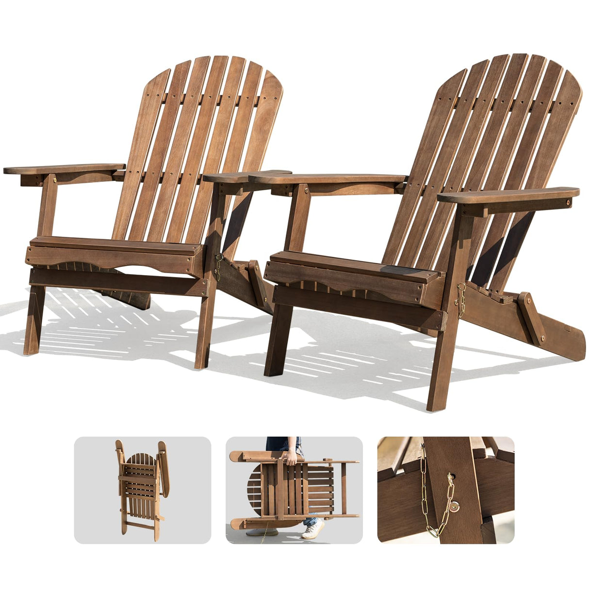 IDZO Set of 2 Outdoor Wooden Folding Adirondack Pre-Assembled BackRest, Wood Patio Chair for Garden Backyard Porch Pool Deck Firepit IDZO