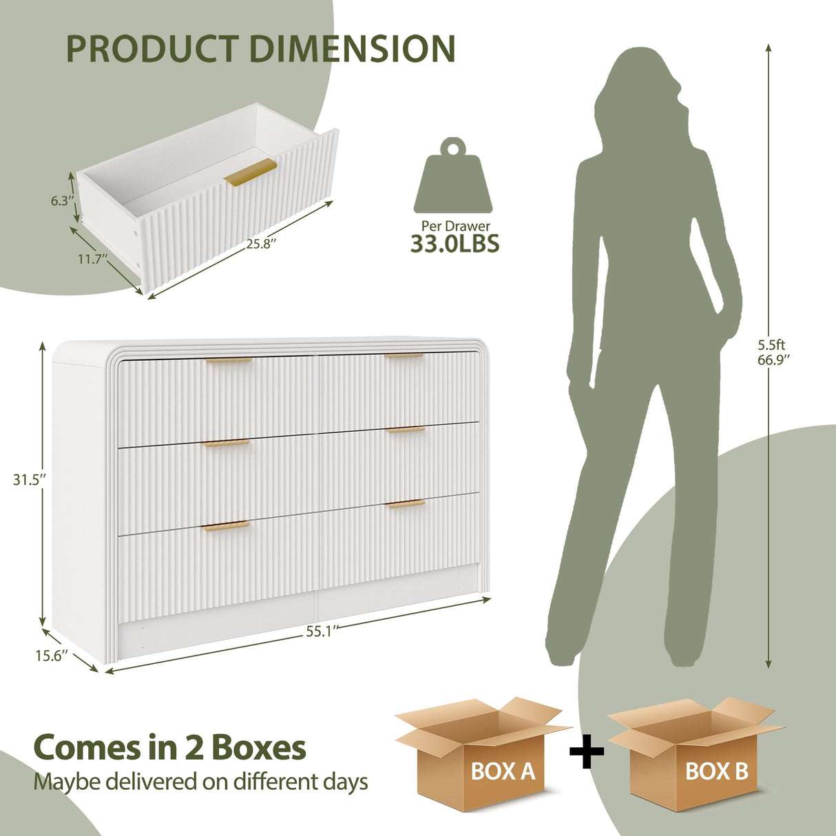 Decofy Fluted 6 Drawers Dresser for Bedroom, 55 Inch Wood Dressers with Gold Handles, Modern Dressers with Wave Texture, Large Storage Chest of Drawers, Bedroom Dresser Organizer (Pure White) Decofy