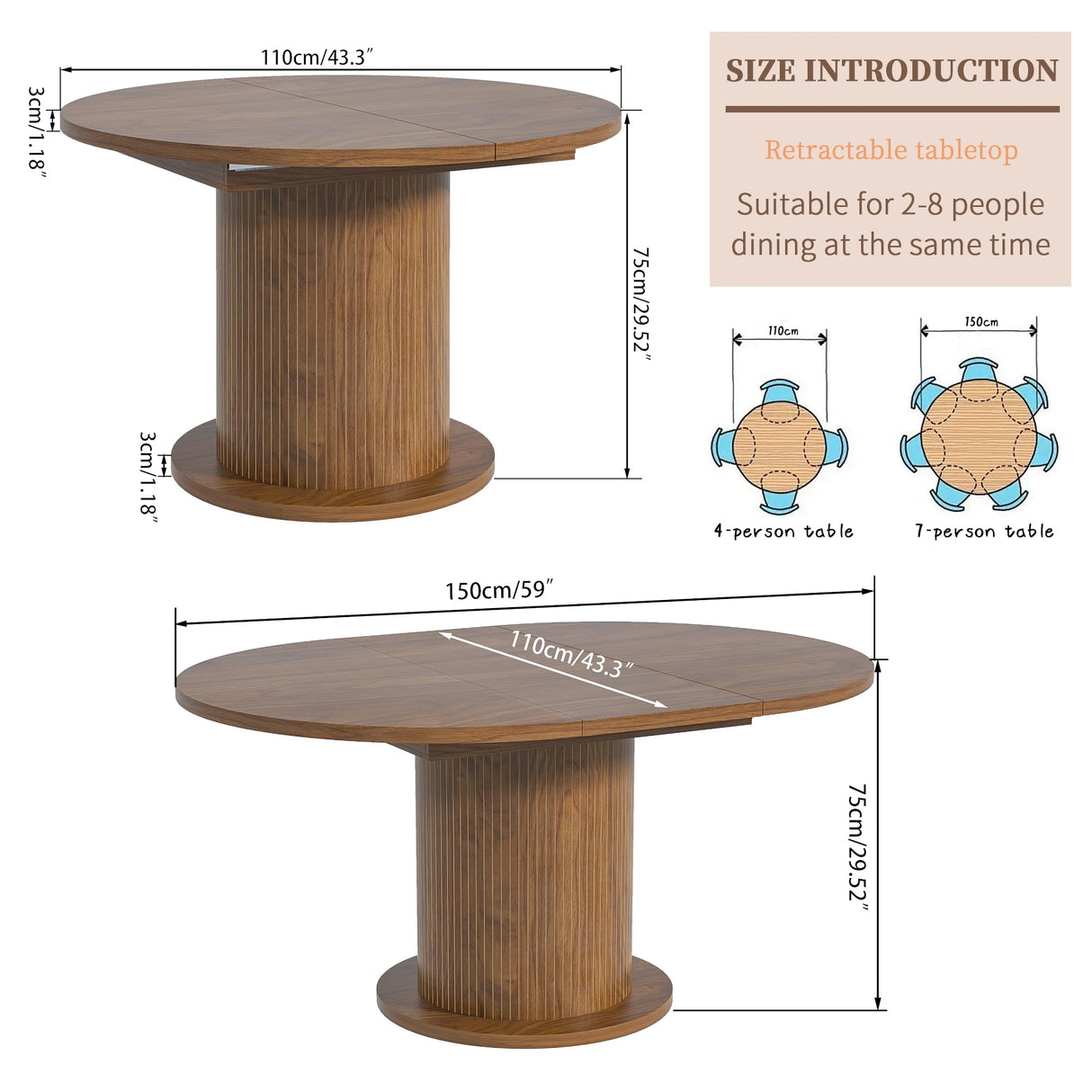 43.3 inch 59 inch Adjustable Size Round Dining Table for 4 6, Unique Design Modern Farmhouse Kitchen Table, Circle Dining Tables with Wood Strip Base for Kitchen Living Room (Walnut) LUVIOHOME