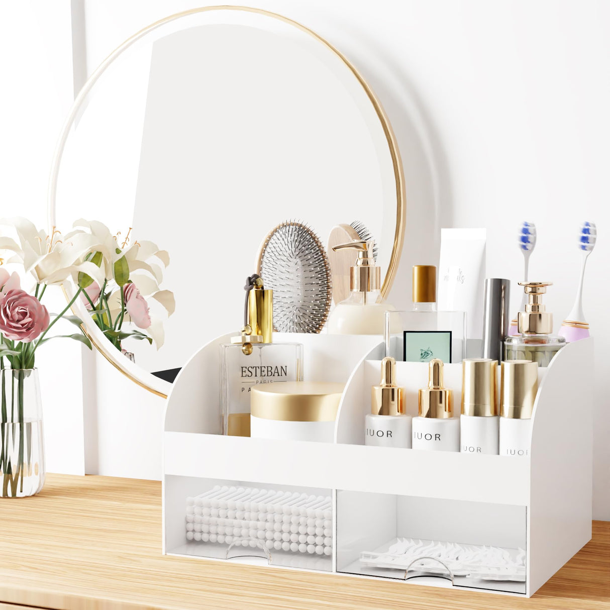 Makeup Organizer with Drawers, Cosmetic Storage for Dresser Vanity and Bathroom Countertop, Beauty Holder for Lipstick Brush, Skincare Organizer for Vanity, Cosmetic Display Case (White) COMFYROOM