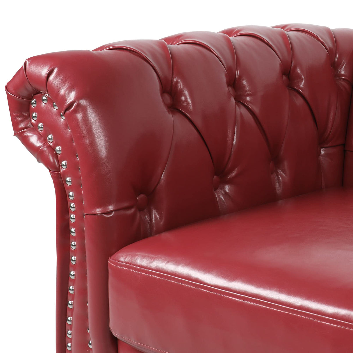 RARZOE Traditional Chesterfield PU Loveseat Sofa, Modern Vintage Chesterfield Button Tufted Faux Leather Couch with Nailhead Trim Scrolled Arms for Living Room Bedroom Office(Burgundy) RARZOE