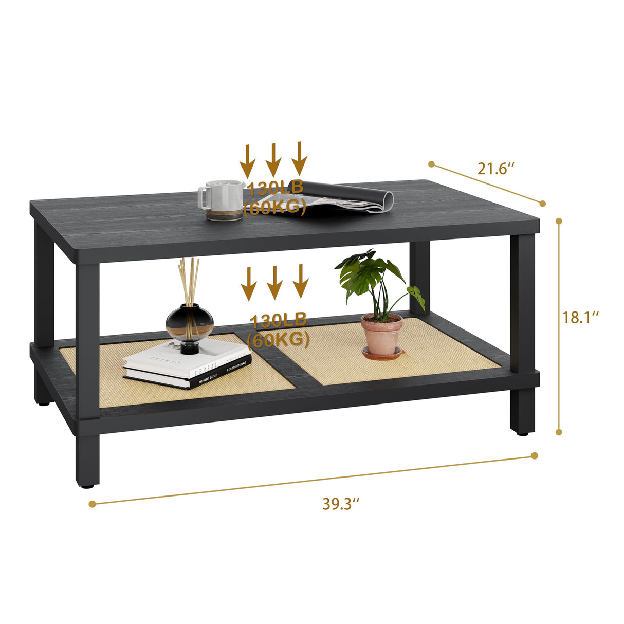YAUKOMEL Rattan Coffee Table for Living Room,2-Tier Wooden Center Table with Hand Made Rattan Decorated,39.3 Inch Living Room Tbale with Rounded Corners,Boho Coffee Table,Easy Assembly Black LCT55BK YAUKOMEL