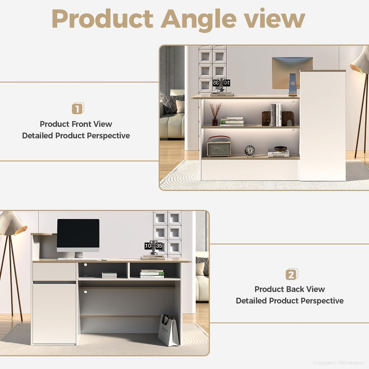 Nuipesn Modern L Shape Reception Desk with Counter – Front Desk Receptionist Counter with Storage Shelves, Drawer & LED Light for Office, Salon, Store (White+Natural, 59" L * 20" W * 40" H/Left) Nuipesn