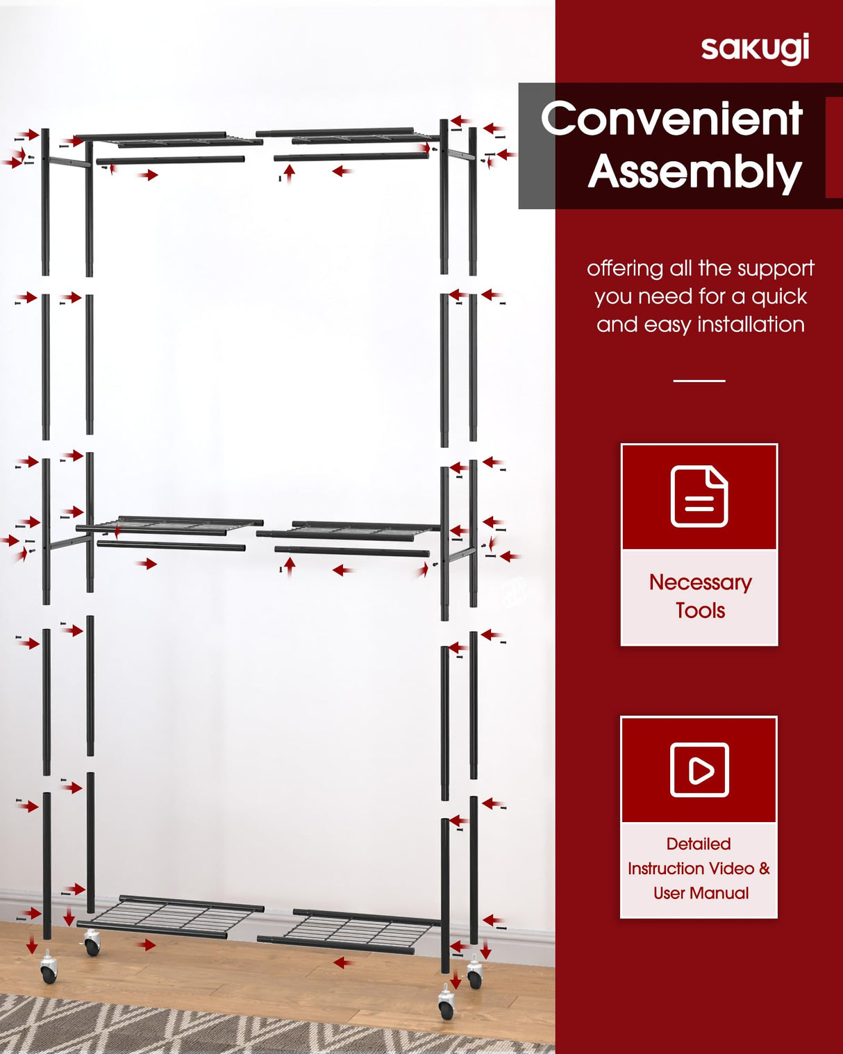 Sakugi Heavy-Duty Clothes Rack - 33.0" x 12.2" x 74.2" Clothing Rack with Shelves & Wheels, Multi-Functional Wardrobe Closet with Hooks, Sturdy Metal Garment Rack for Bedroom, Laundry, Balcony (Black) Sakugi