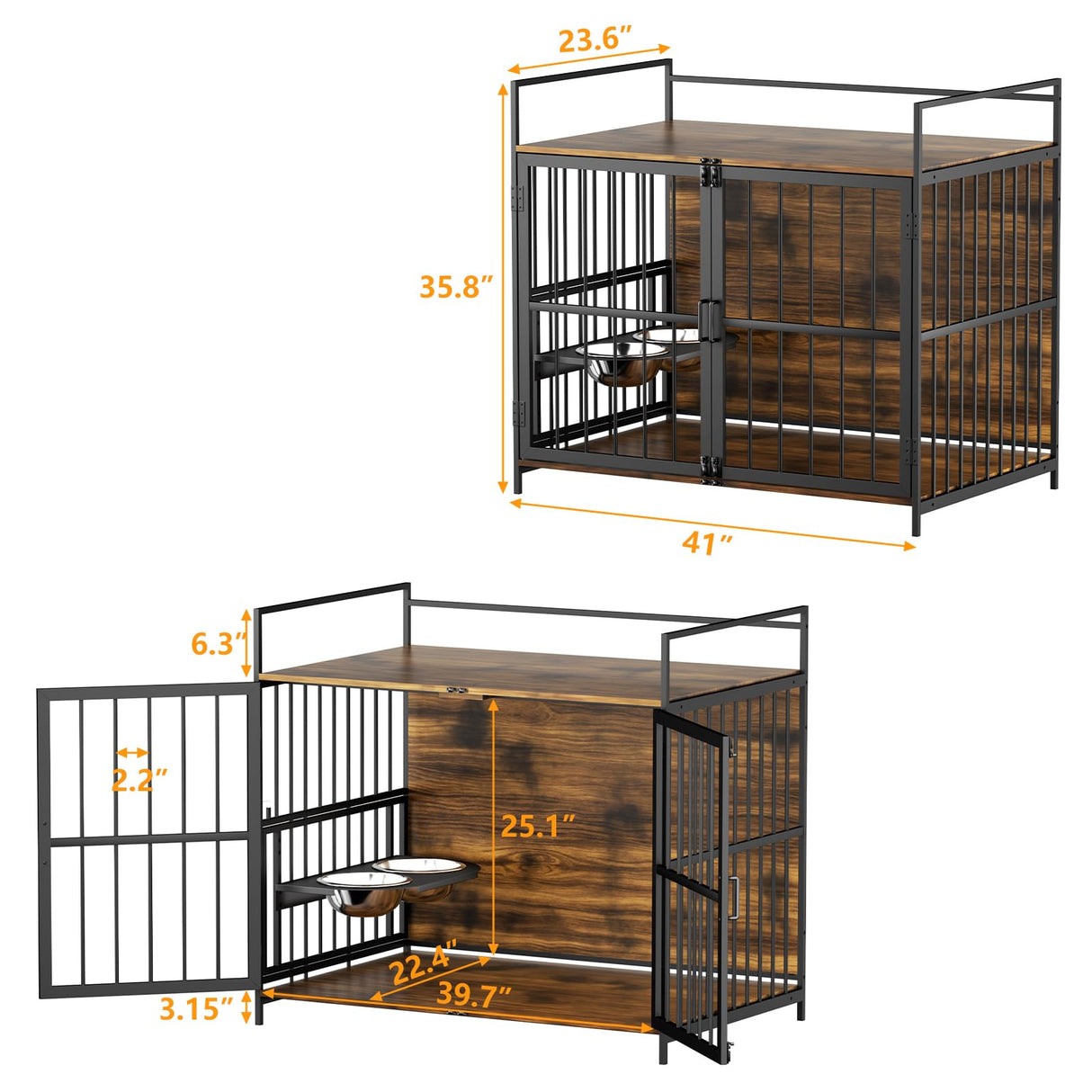 ROOMTEC Furniture Style Large Dog Crate with 360° & Adjustable Raised Feeder for Dogs 2 Stainless Steel Bowls -End Table House Pad, Indoor Use,41" L X 24" W 36" H, Classic Brown ROOMTEC