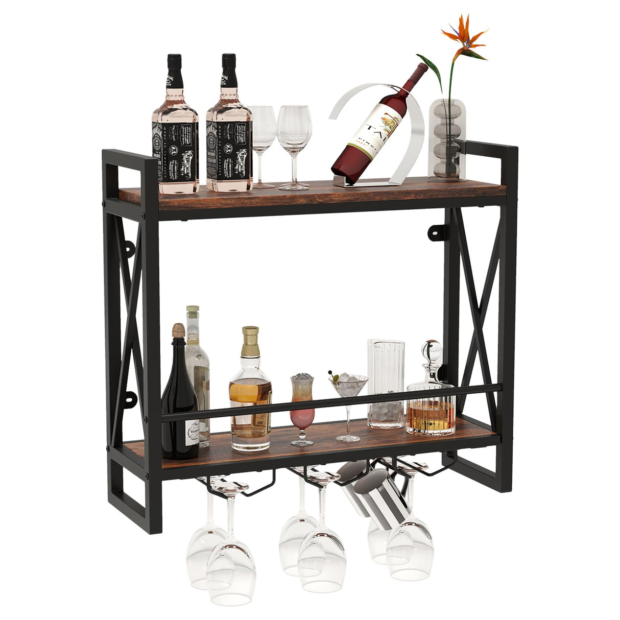 Giantex Industrial Wall Mounted Wine Rack, 2-Tier Metal Hanging Wine Bottle Glass Rack with 14-Bottle & 12-Mug Holders, Wall Wine Floating Shelves for Home Bar, Kitchen, Dining Room, Rustic Brown Giantex