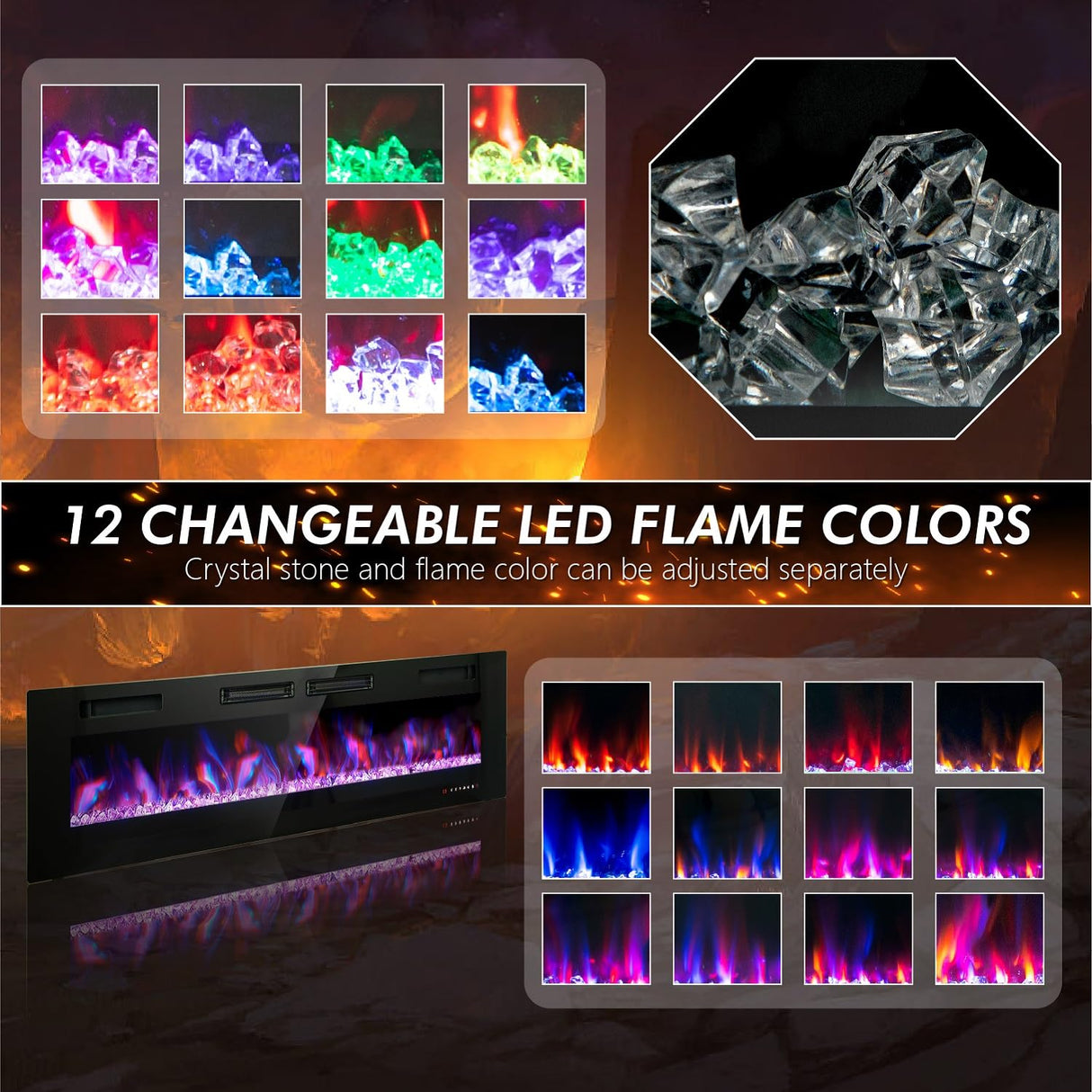 MFSTUDIO 72 inches Electric Fireplace with Remote Control & Touch Screen, Recessed and Wall Mounted Fireplace Heater, Linear Fireplace with 12 Colors Adjustable Flame Color, Timer, 750w/1500w MFSTUDIO