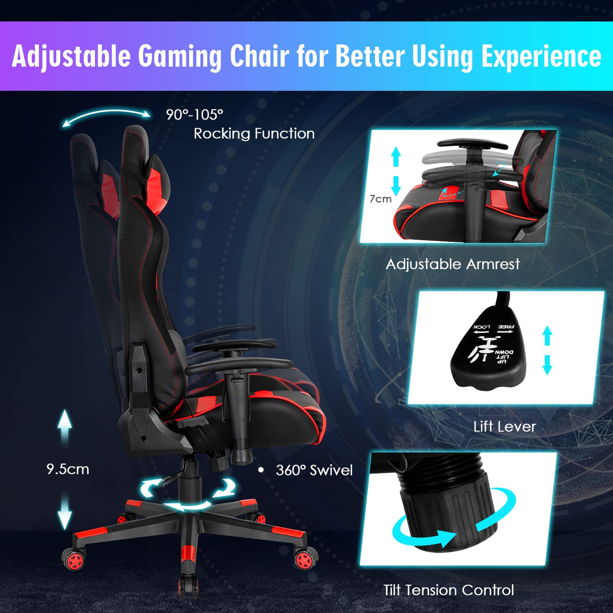 Giantex RGB Gaming Chair, Ergonomic Video Game Chair with Led Light, High Back E-Sport Computer Chair Adjustable w/PVC Leather, Headrest & Lumbar Support (Red) Giantex