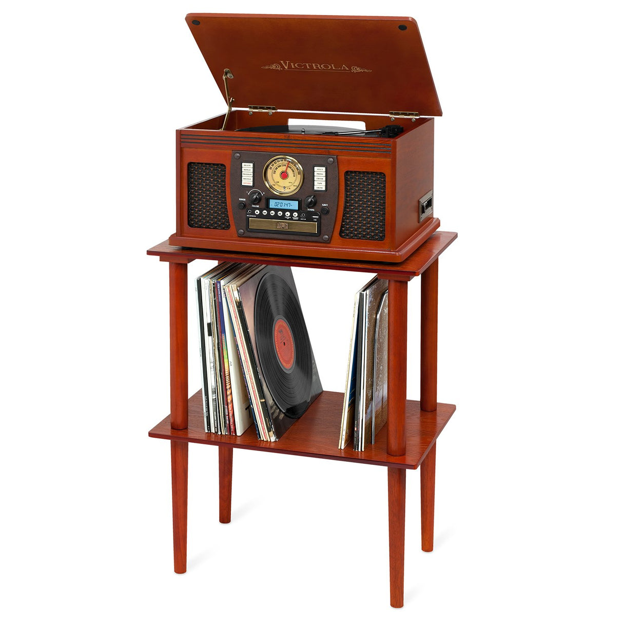 Victrola Wooden Stand for Wooden Music Centers with Record Holder Shelf, Mahogany Victrola